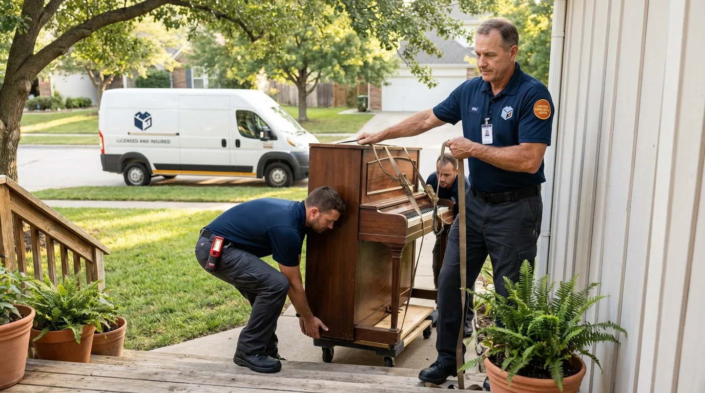 Licensed piano movers securing grand piano in Coolidge, AZ