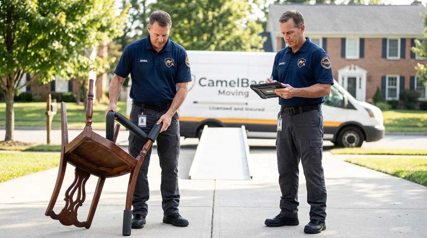 Movers inspecting furniture for damage prevention before loading in Coolidge, AZ
